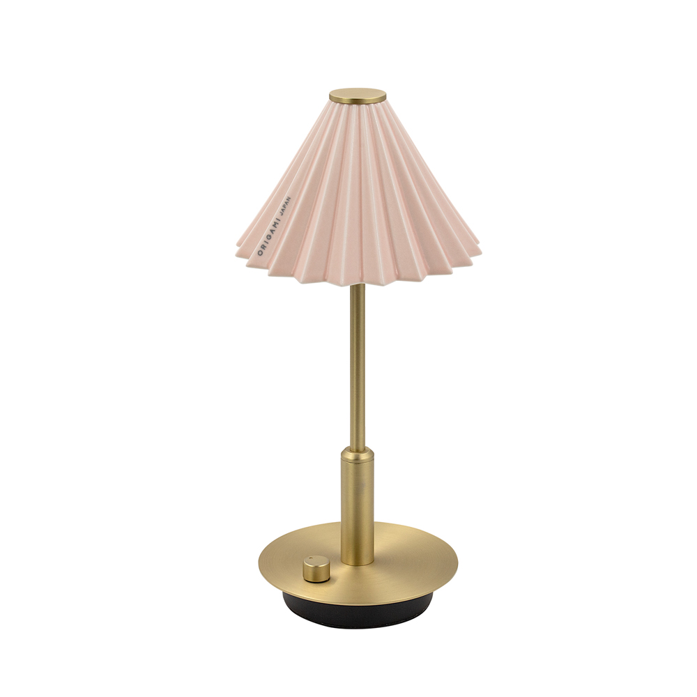 [gram eight]ORIGAMI LAMP PORTABLE Brass Matte Pink, Lampshade: Coffee dripper [ORIGAMI] (Japanese Mino ware), Body color: Brass Copper, Shade color: 13 colors, Accessories: USB cable (Type-C), Rechargeable, Battery: Lithium-ion battery 3.7V 2600mA, Charging time: 5 hours, Continuous use time: 7 to 100 hours, Brightness: 8-150 lm (stepless dimming), Color temperature: 2700k, Shade (dripper) removable, Produced by Japanese designer Tomoya Takenaka