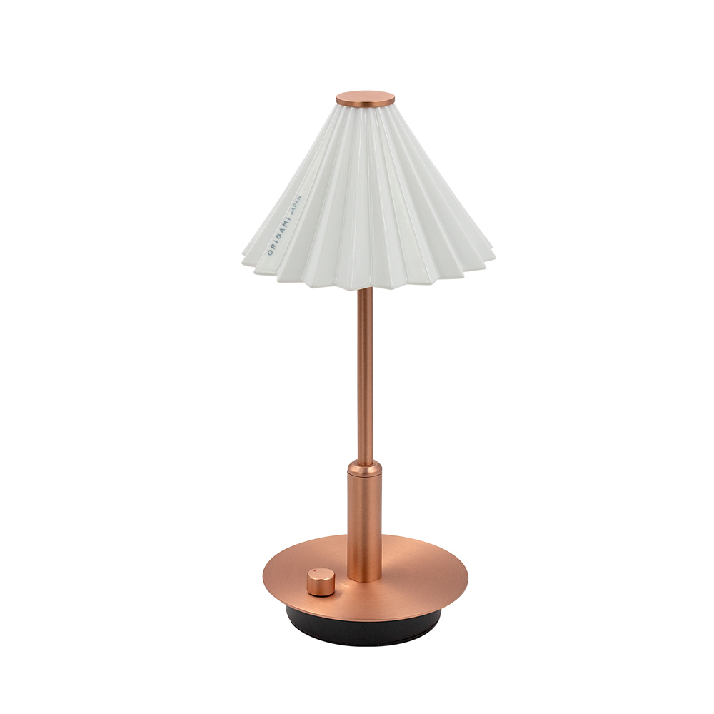 [gram eight]ORIGAMI LAMP PORTABLE Copper White, Lampshade: Coffee dripper [ORIGAMI] (Japanese Mino ware), Body color: Brass Copper, Shade color: 13 colors, Accessories: USB cable (Type-C), Rechargeable, Battery: Lithium-ion battery 3.7V 2600mA, Charging time: 5 hours, Continuous use time: 7 to 100 hours, Brightness: 8-150 lm (stepless dimming), Color temperature: 2700k, Shade (dripper) removable, Produced by Japanese designer Tomoya Takenaka