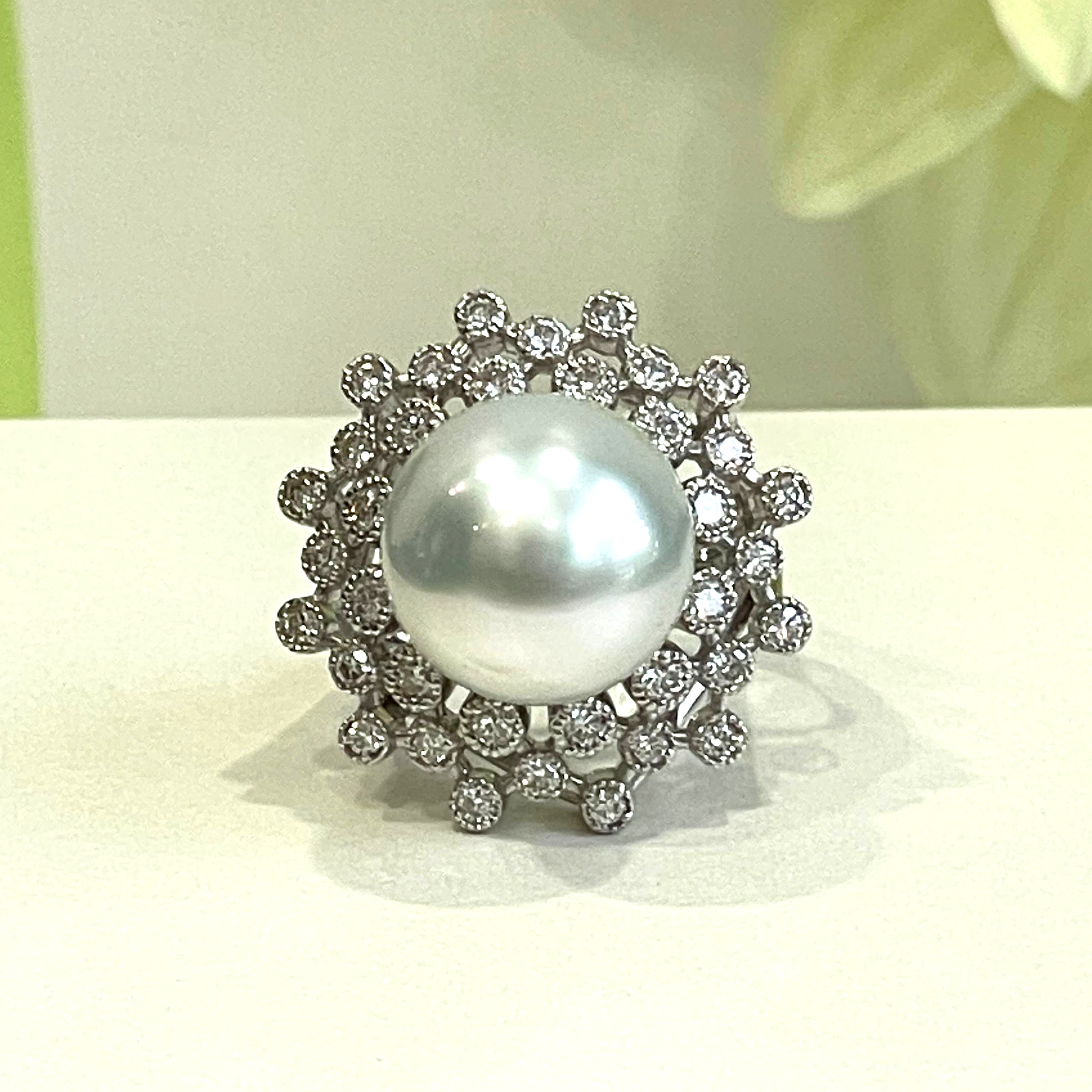 [one of a kind] K18 whitegold pearl diamondring  pearl 13.20mm  diamond 0.850ct size : JCS 12 US 6.5(adjustable)