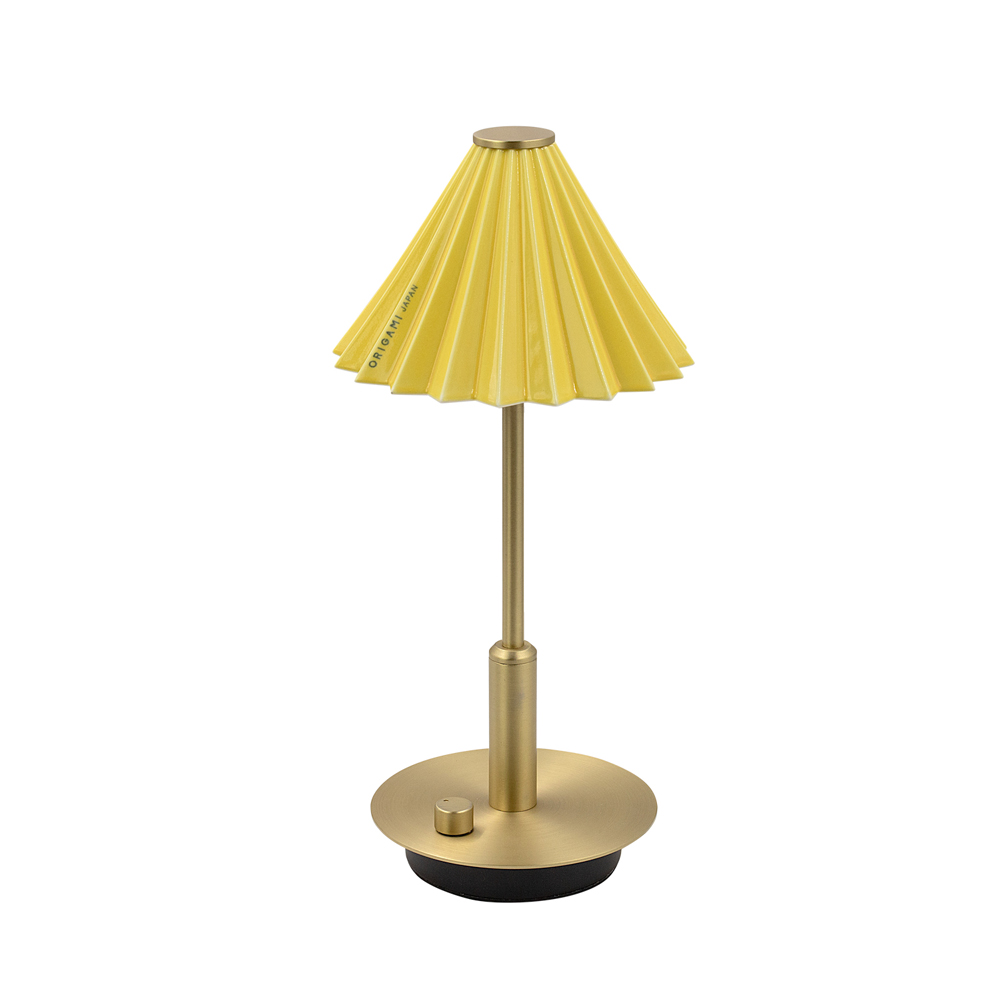 [gram eight]ORIGAMI LAMP PORTABLE Brass Yellow, Lampshade: Coffee dripper [ORIGAMI] (Japanese Mino ware), Body color: Brass Copper, Shade color: 13 colors, Accessories: USB cable (Type-C), Rechargeable, Battery: Lithium-ion battery 3.7V 2600mA, Charging time: 5 hours, Continuous use time: 7 to 100 hours, Brightness: 8-150 lm (stepless dimming), Color temperature: 2700k, Shade (dripper) removable, Produced by Japanese designer Tomoya Takenaka