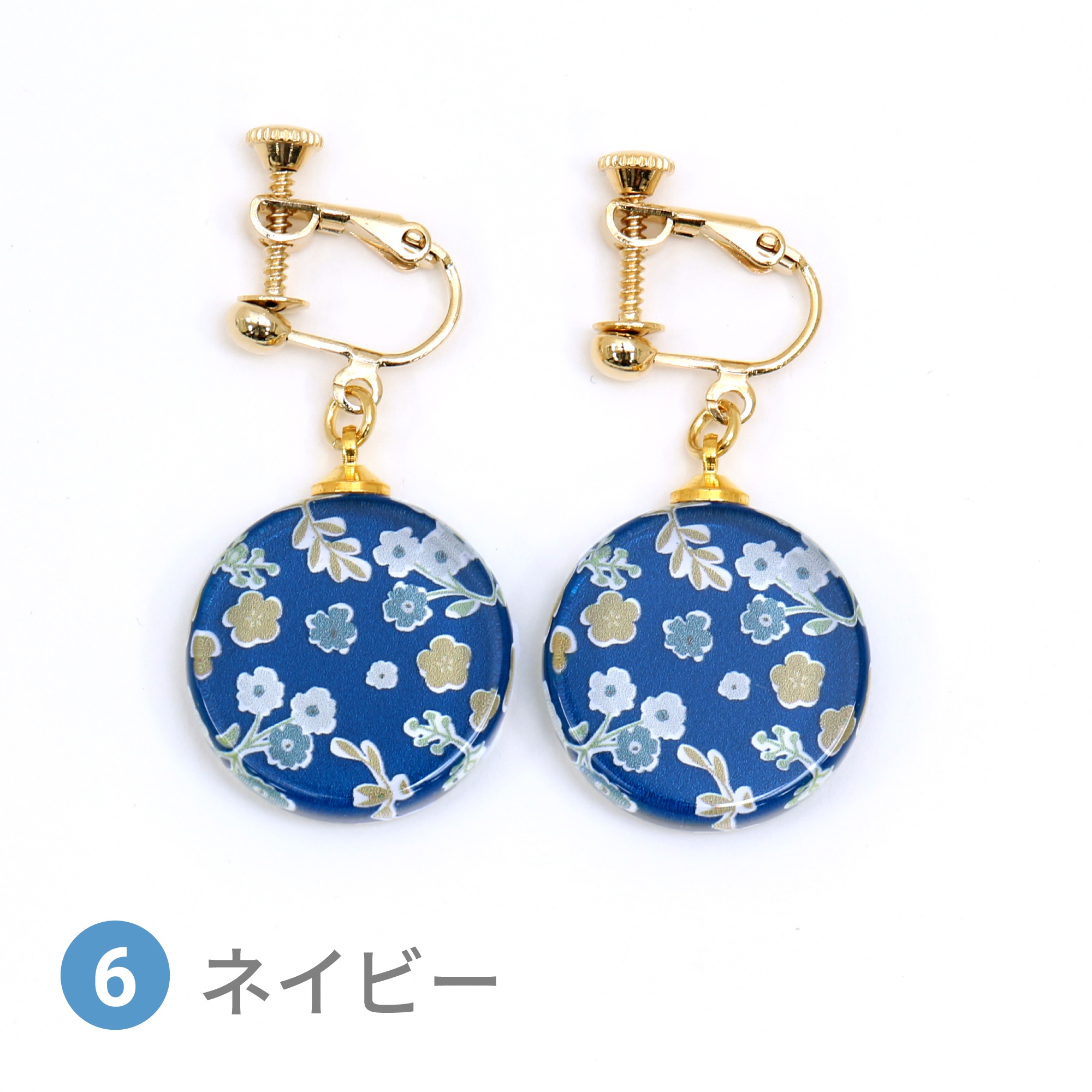 Glass accessories Earring FLORAL PATTERN navy round shape