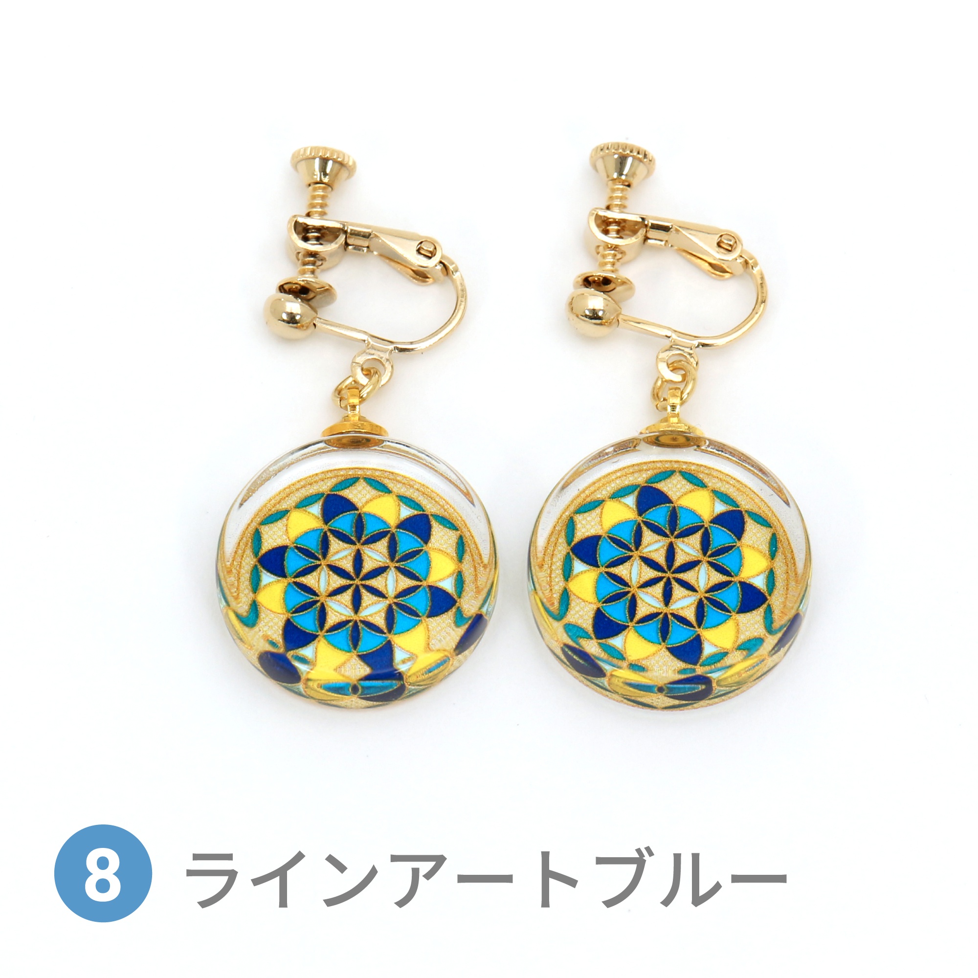 Glass accessories Earring FLOWER OF LIFE lineart blue round shape