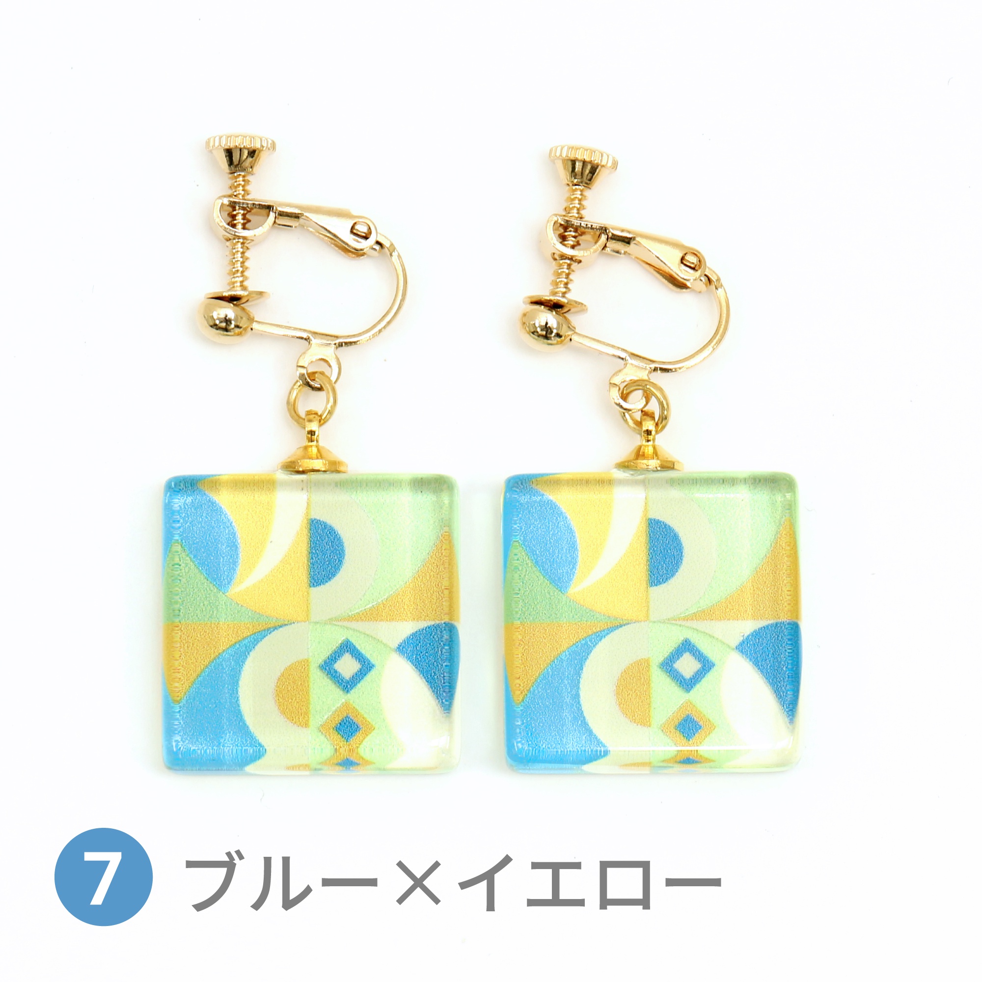 Glass accessories Earring GRID SYSTEM blue&yellow square shape