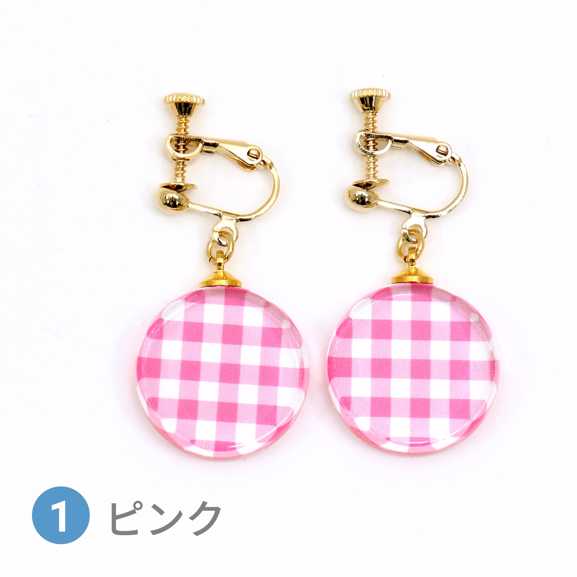 Glass accessories Earring GINGHAM CHECK pink round shape