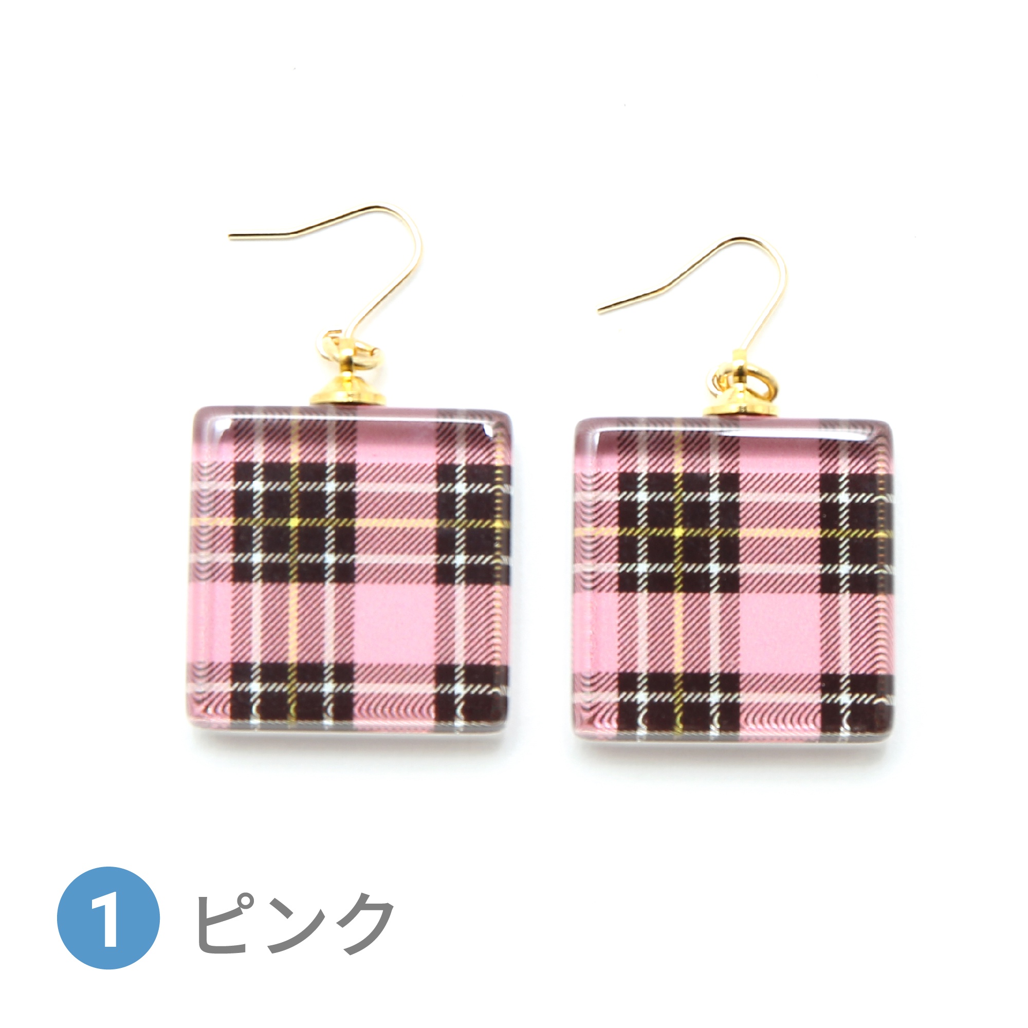 Glass accessories Pierced Earring TARTAN pink square shape
