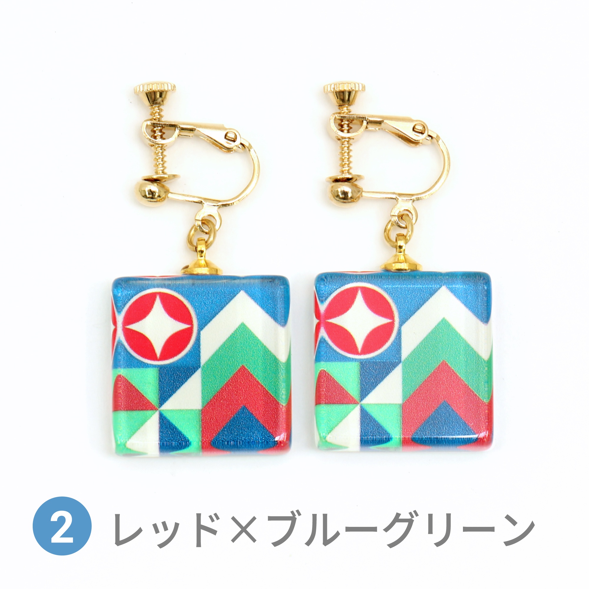 Glass accessories Earring GRID SYSTEM red&bluegreen square shape