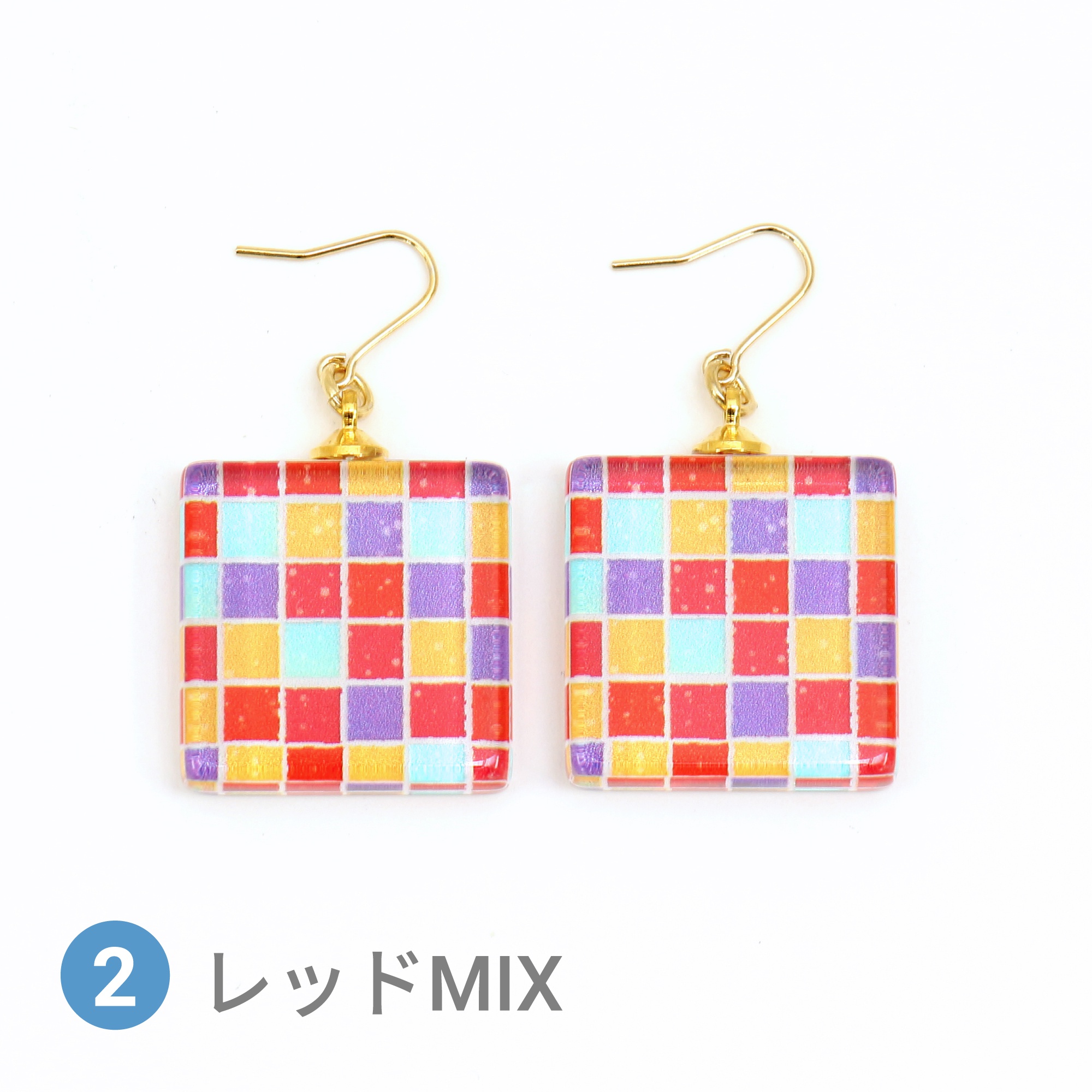 Glass accessories Pierced Earring TILE red mix square shape
