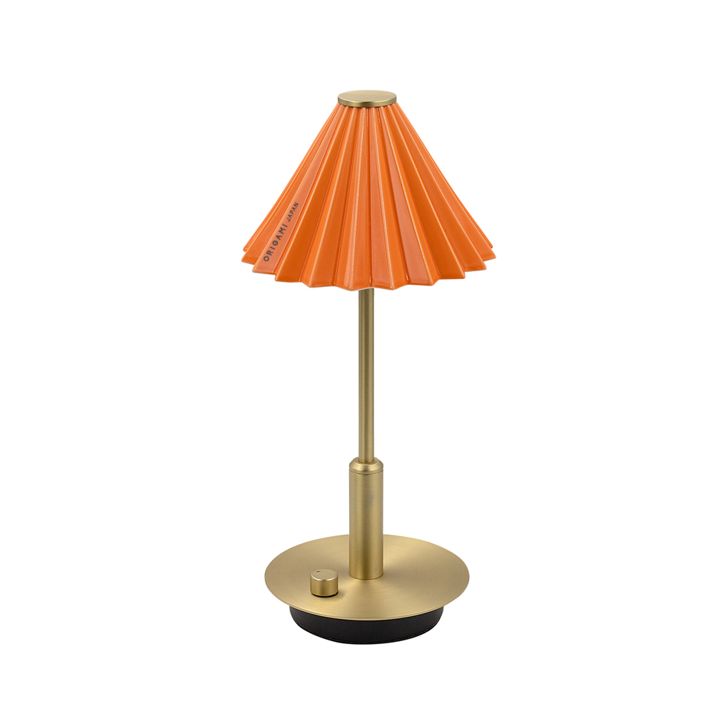 [gram eight]ORIGAMI LAMP PORTABLE Brass Orange, Lampshade: Coffee dripper [ORIGAMI] (Japanese Mino ware), Body color: Brass Copper, Shade color: 13 colors, Accessories: USB cable (Type-C), Rechargeable, Battery: Lithium-ion battery 3.7V 2600mA, Charging time: 5 hours, Continuous use time: 7 to 100 hours, Brightness: 8-150 lm (stepless dimming), Color temperature: 2700k, Shade (dripper) removable, Produced by Japanese designer Tomoya Takenaka