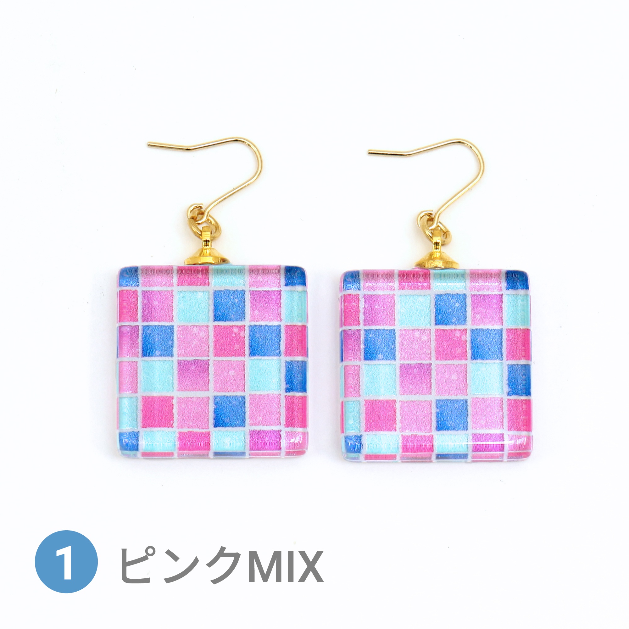 Glass accessories Pierced Earring TILE pink mix square shape