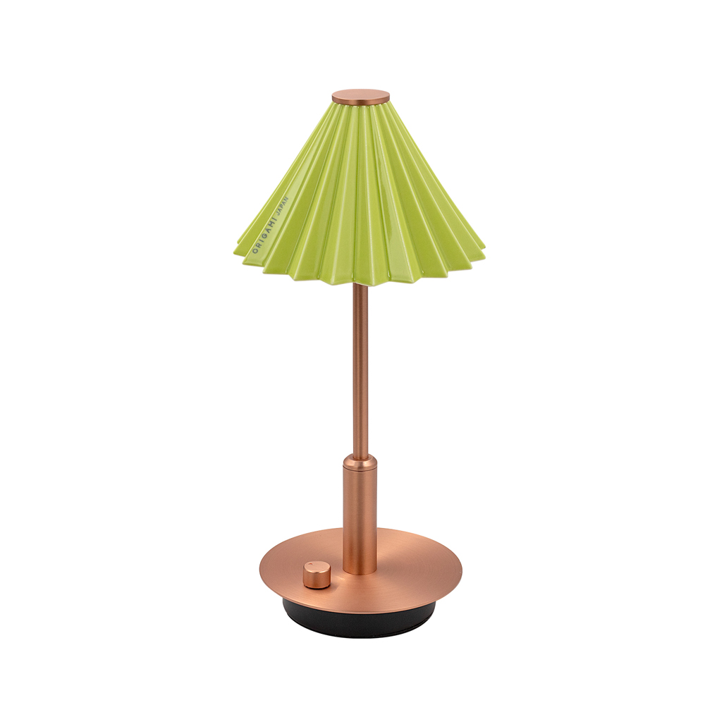 [gram eight]ORIGAMI LAMP PORTABLE Copper Green, Lampshade: Coffee dripper [ORIGAMI] (Japanese Mino ware), Body color: Brass Copper, Shade color: 13 colors, Accessories: USB cable (Type-C), Rechargeable, Battery: Lithium-ion battery 3.7V 2600mA, Charging time: 5 hours, Continuous use time: 7 to 100 hours, Brightness: 8-150 lm (stepless dimming), Color temperature: 2700k, Shade (dripper) removable, Produced by Japanese designer Tomoya Takenaka