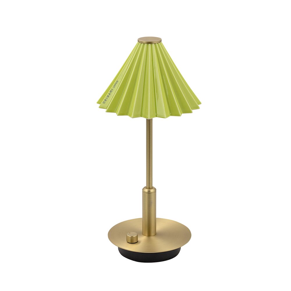 [gram eight]ORIGAMI LAMP PORTABLE Brass Green, Lampshade: Coffee dripper [ORIGAMI] (Japanese Mino ware), Body color: Brass Copper, Shade color: 13 colors, Accessories: USB cable (Type-C), Rechargeable, Battery: Lithium-ion battery 3.7V 2600mA, Charging time: 5 hours, Continuous use time: 7 to 100 hours, Brightness: 8-150 lm (stepless dimming), Color temperature: 2700k, Shade (dripper) removable, Produced by Japanese designer Tomoya Takenaka