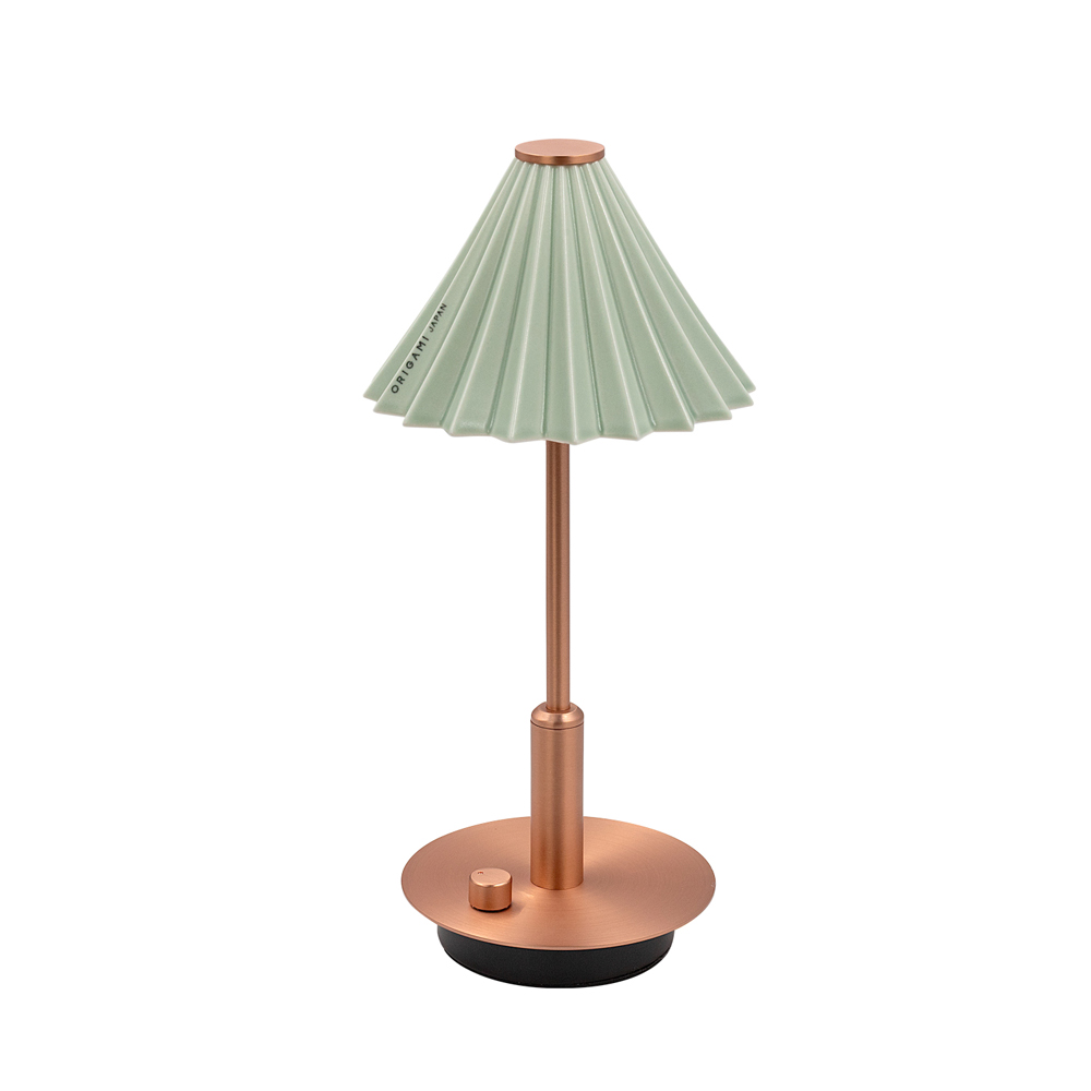 [gram eight]ORIGAMI LAMP PORTABLE Copper Matte Green, Lampshade: Coffee dripper [ORIGAMI] (Japanese Mino ware), Body color: Brass Copper, Shade color: 13 colors, Accessories: USB cable (Type-C), Rechargeable, Battery: Lithium-ion battery 3.7V 2600mA, Charging time: 5 hours, Continuous use time: 7 to 100 hours, Brightness: 8-150 lm (stepless dimming), Color temperature: 2700k, Shade (dripper) removable, Produced by Japanese designer Tomoya Takenaka