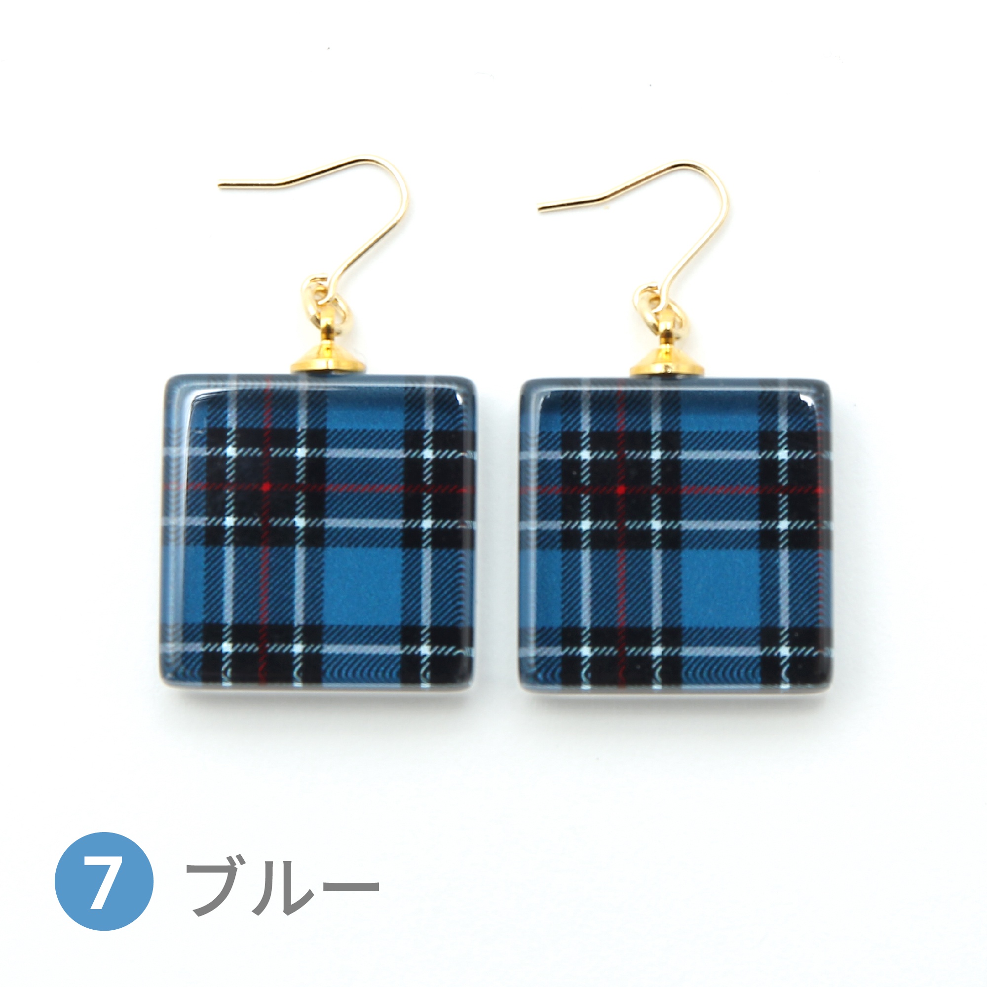 Glass accessories Pierced Earring TARTAN blue square shape