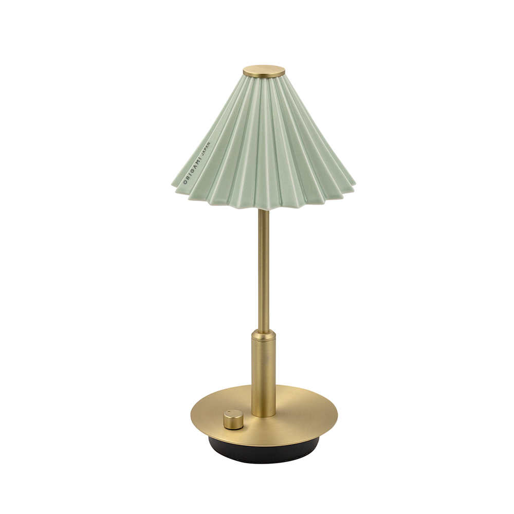 [gram eight]ORIGAMI LAMP PORTABLE Brass Matte Green, Lampshade: Coffee dripper [ORIGAMI] (Japanese Mino ware), Body color: Brass Copper, Shade color: 13 colors, Accessories: USB cable (Type-C), Rechargeable, Battery: Lithium-ion battery 3.7V 2600mA, Charging time: 5 hours, Continuous use time: 7 to 100 hours, Brightness: 8-150 lm (stepless dimming), Color temperature: 2700k, Shade (dripper) removable, Produced by Japanese designer Tomoya Takenaka