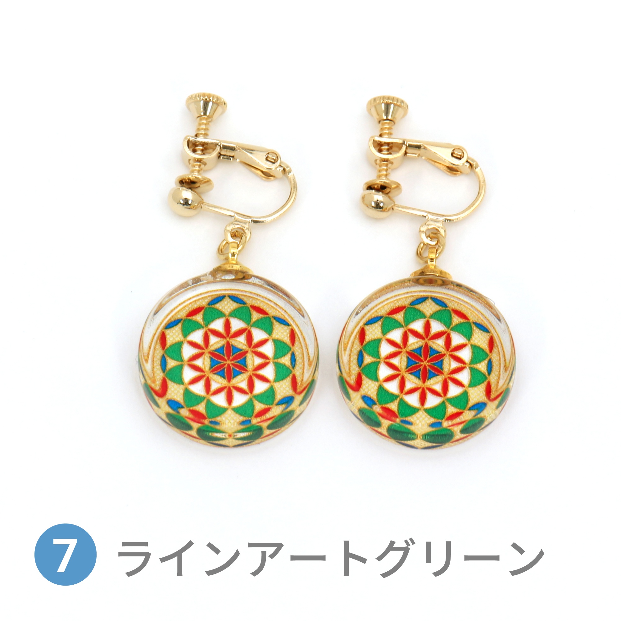 Glass accessories Earring FLOWER OF LIFE lineart green round shape